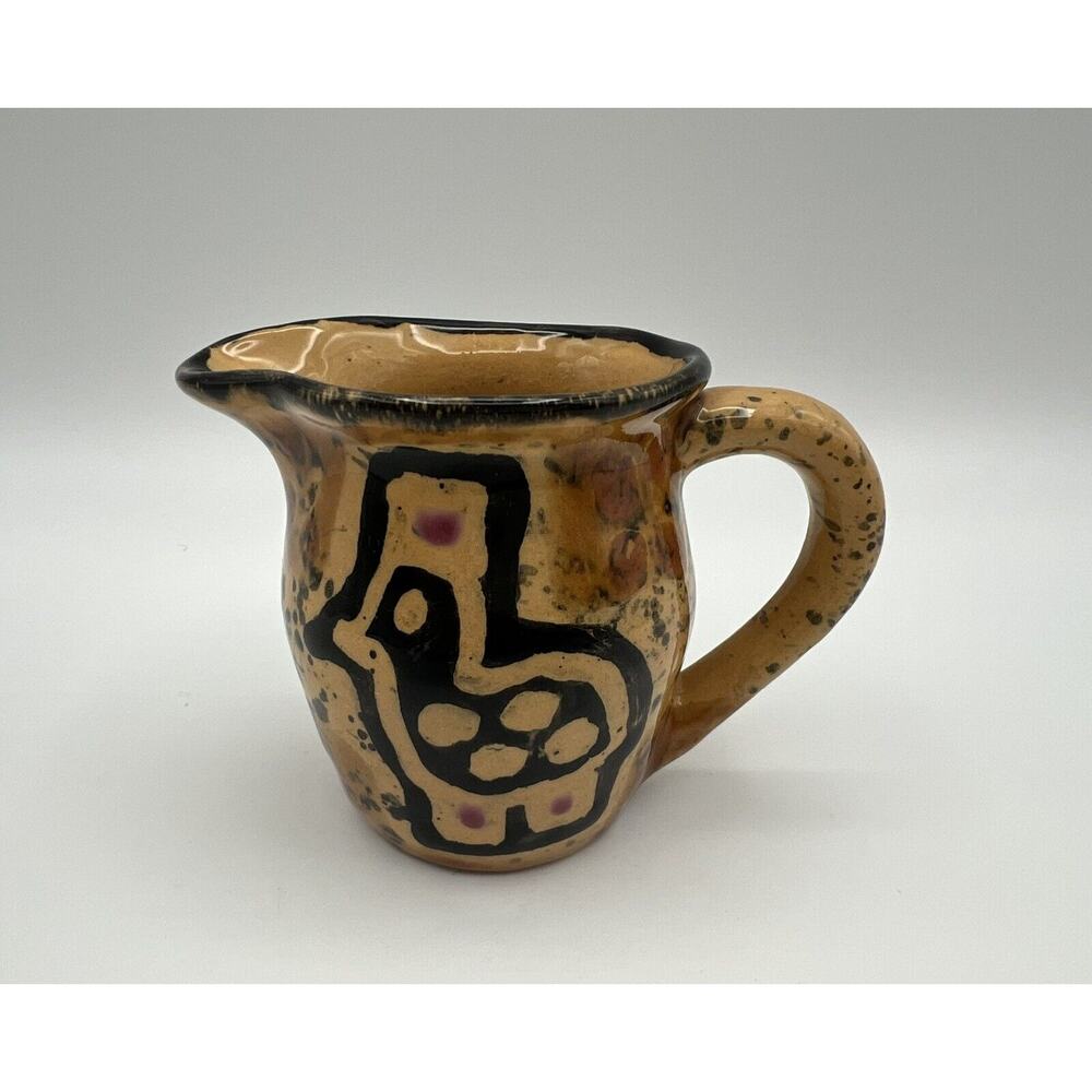 Kazuri Kenya Handmade Art Pottery Small Tan & Black 3” Creamer Signed
